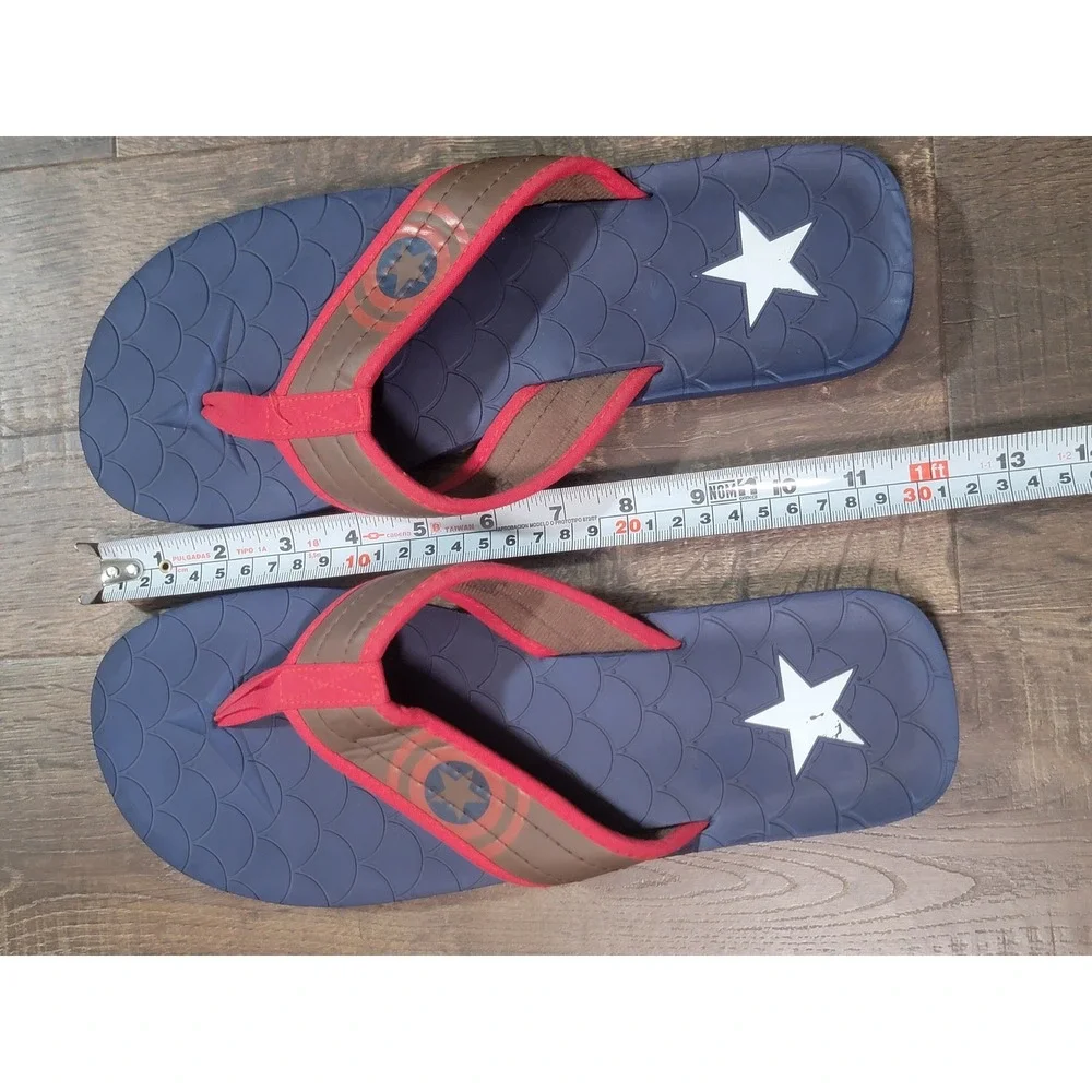 Marvel Captain America Mens Flip Flops Blue Red Brown Shield Star Sandals 11.5in